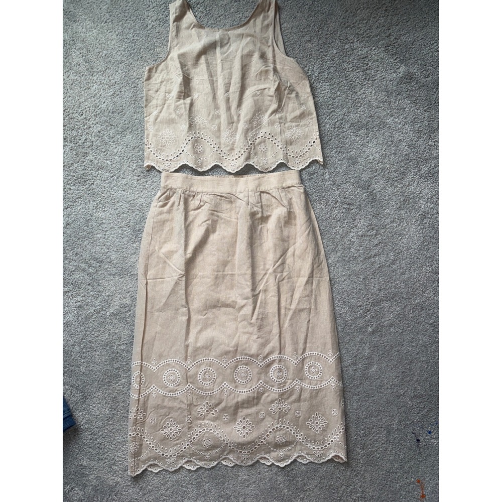 Talbots Linen Blend Eyelet Scalloped 2 Piece Skirt Set Tan White Sleeveless Med